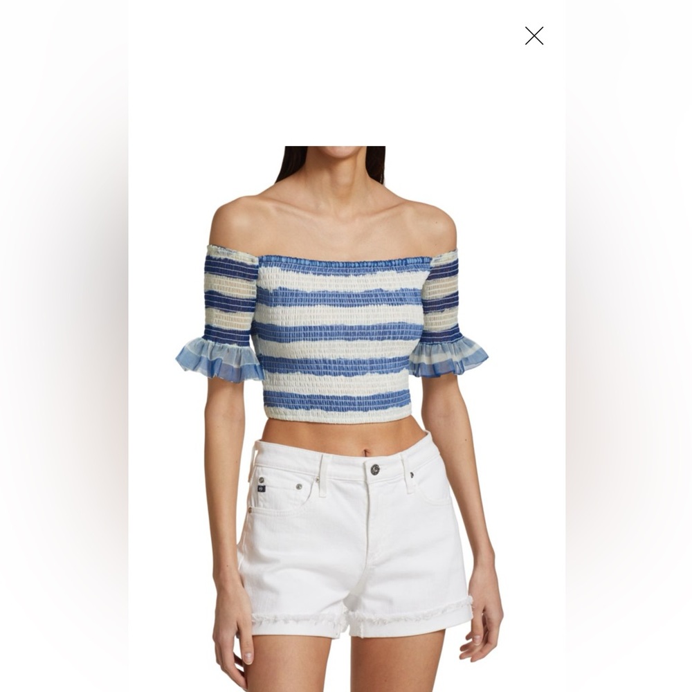 STAUD Blue and White Smocked Crop Blouse. NWT!